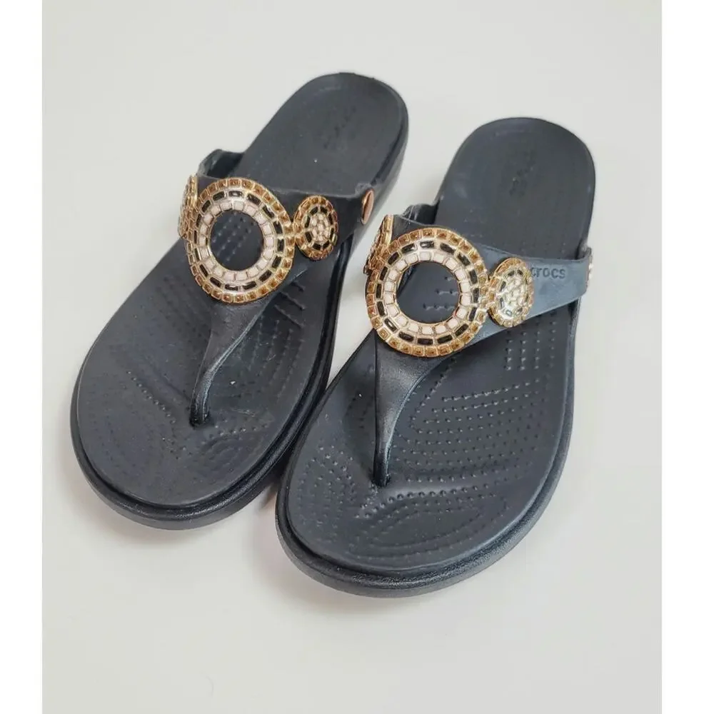 Crocs Sanrah Diamante Wedge Flip Sandal in Black, sz 10 - Picture 1 of 16